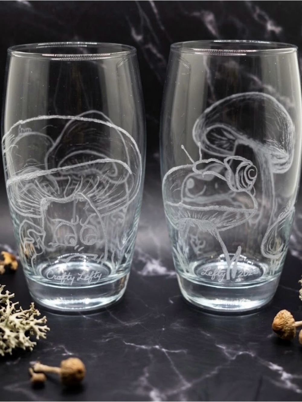 Etched Cartoon Mushroom Pint Glasses - Clear Handcrafted Set Signed